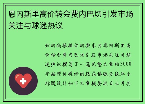 恩内斯里高价转会费内巴切引发市场关注与球迷热议