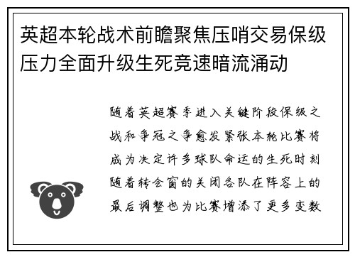 英超本轮战术前瞻聚焦压哨交易保级压力全面升级生死竞速暗流涌动